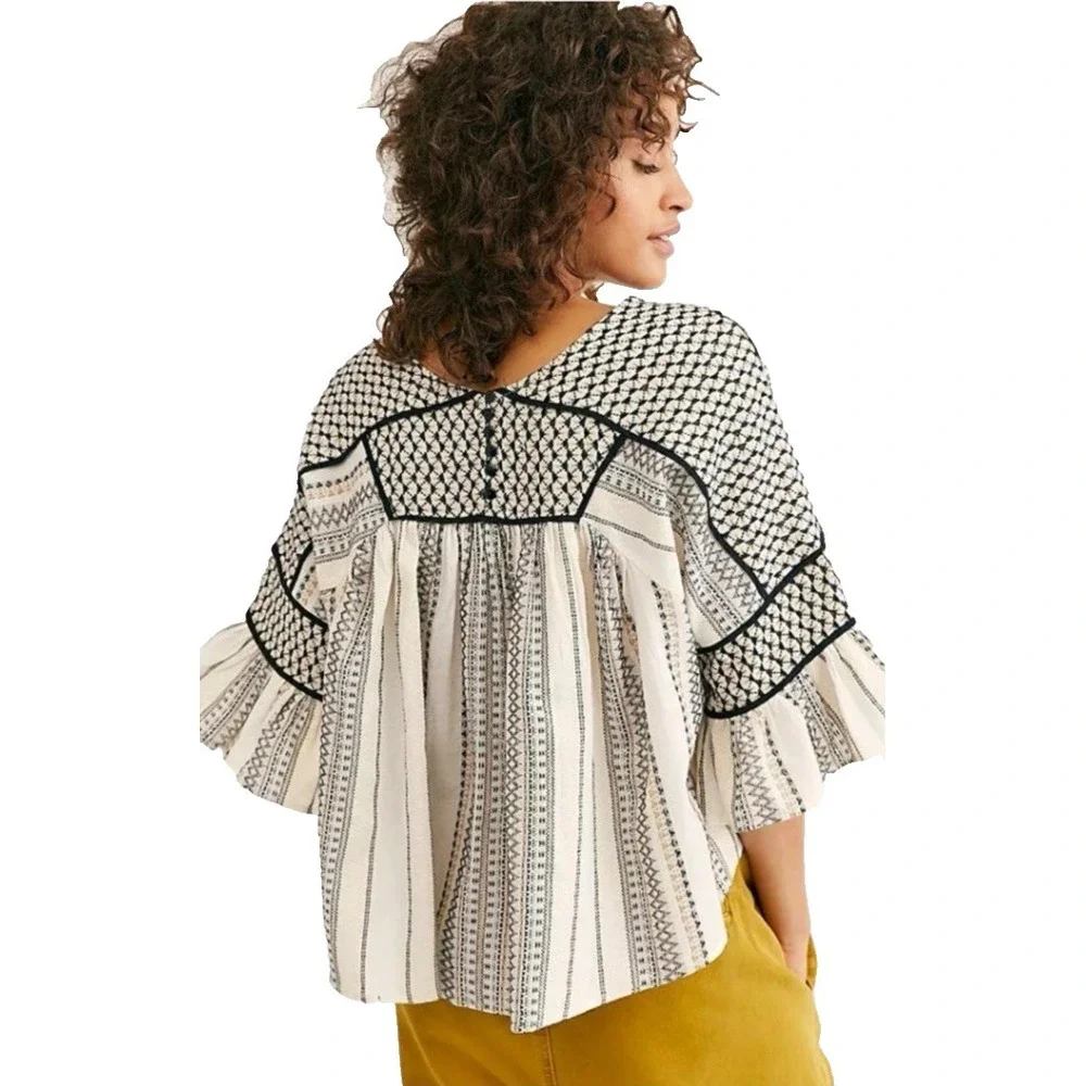 Free People Runnin On A Dream Peasant Top Small Embroidered Cropped Flared